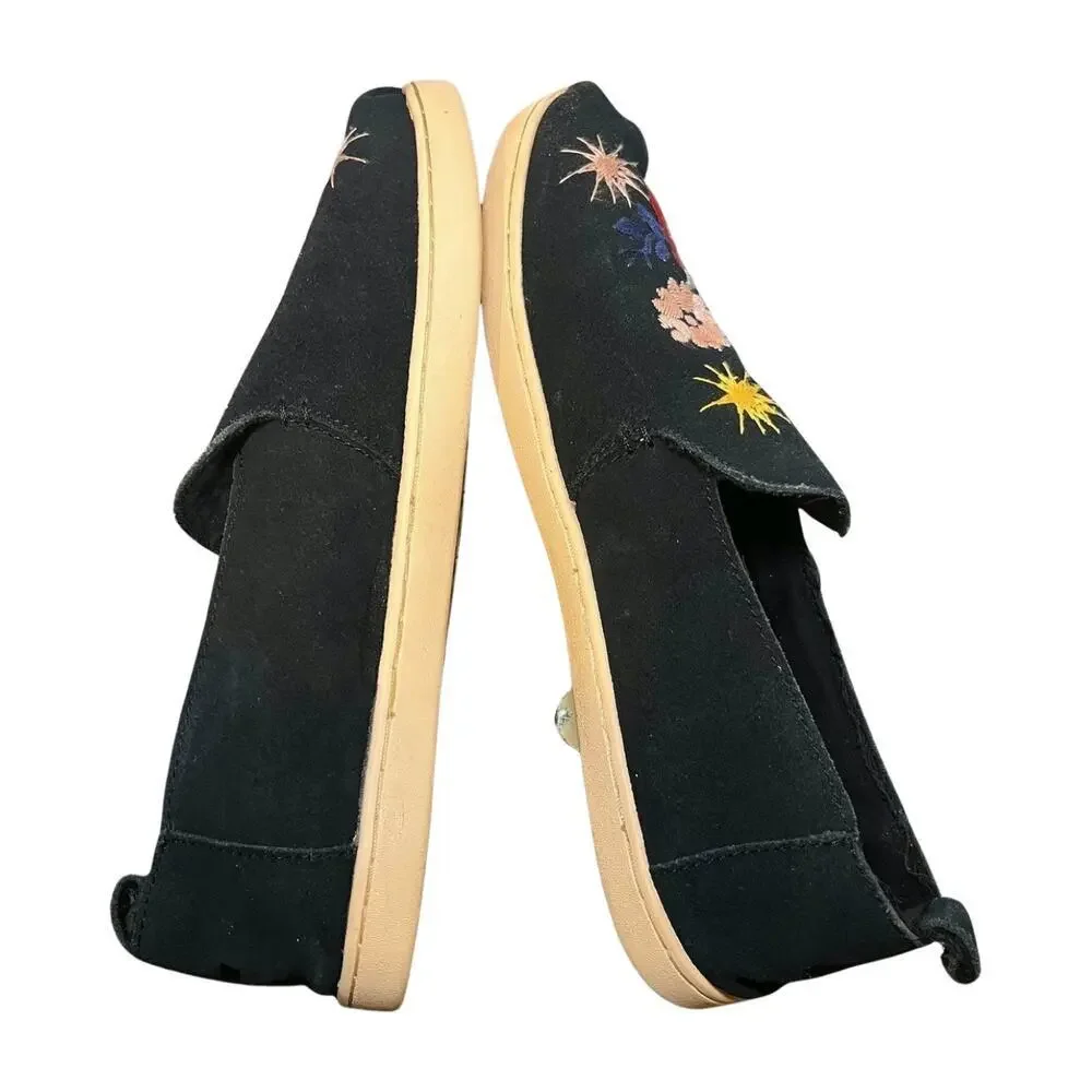 TOMS Alpargata Black Suede Floral Embroidered Slip On Flats Size 8.5 Boho